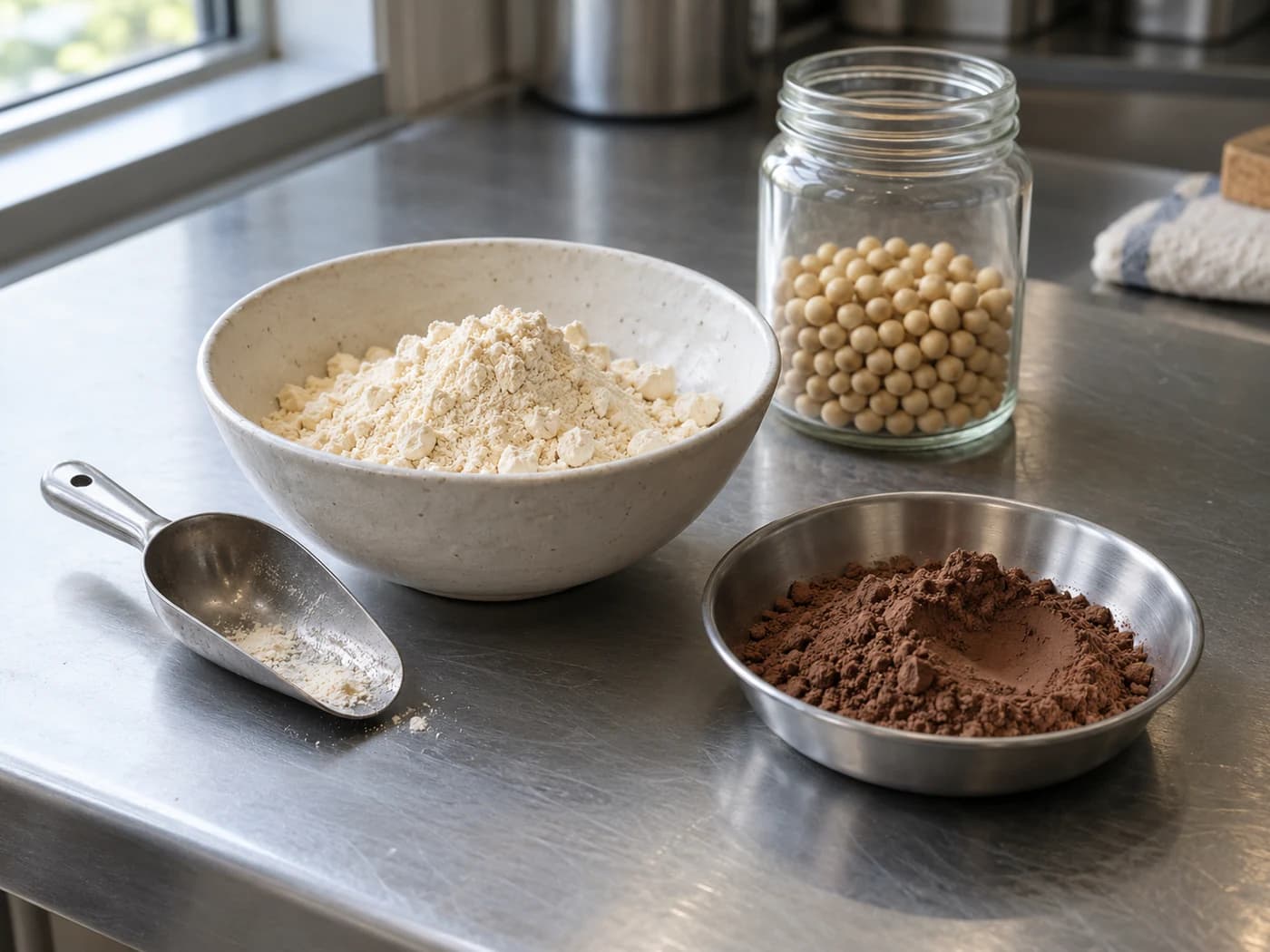 Muestras de polvos alimentarios y granos en una mesa de preparación