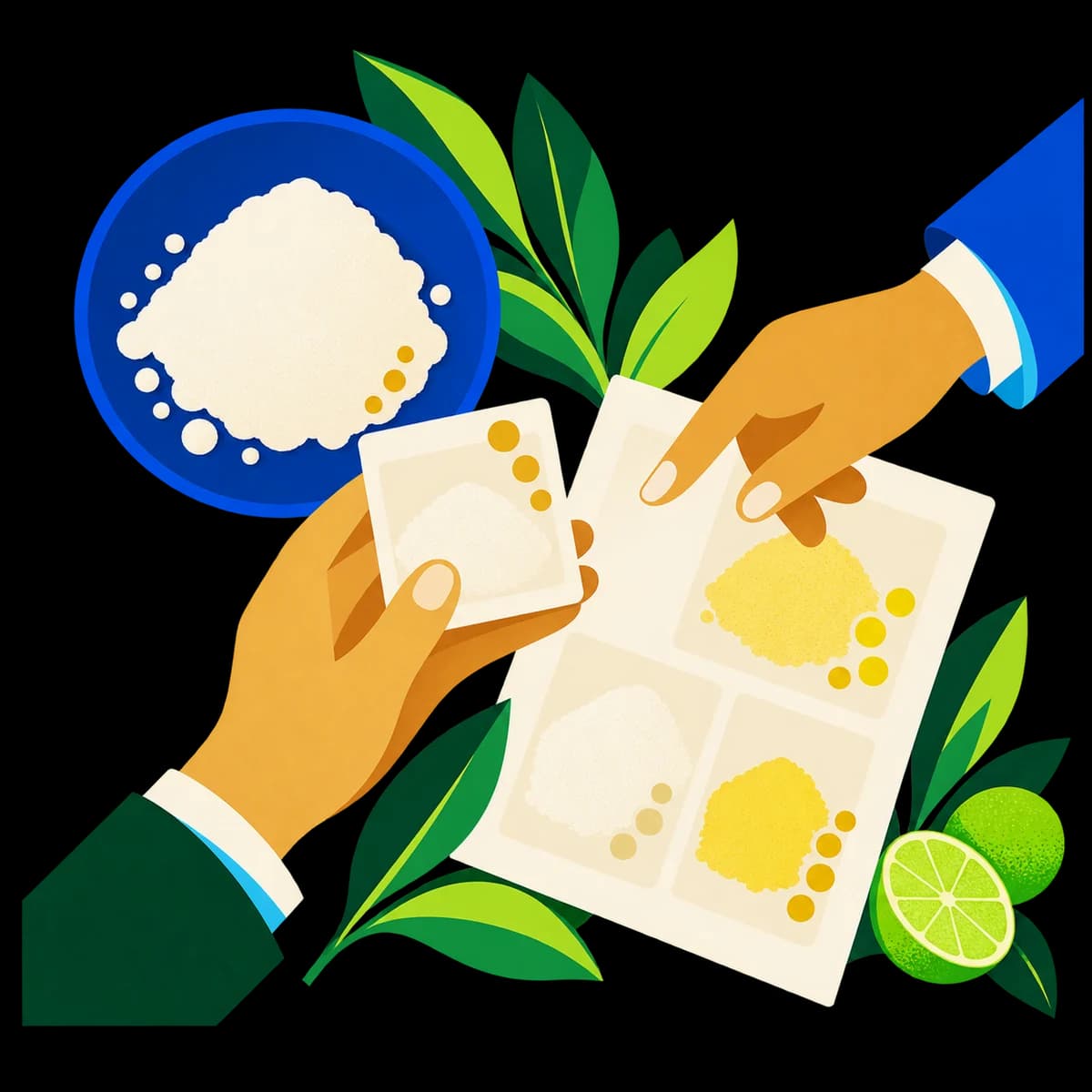 Ilustración de una mesa de desarrollo con muestras de ingredientes